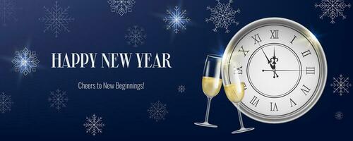 Realistic night New Year banner, featuring a clock, snowflakes and champagne. Gold and Christmas themed decorations. Suitable for invitations, greetings, and event promotions. Not AI generated. vector