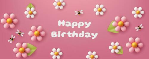 Horizontal banner in pink with a 3D illustration featuring flower balloons, bees and a cheerful birthday design. Realistic and cute invitation card. Not AI generated. vector