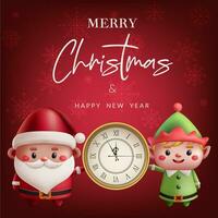 linda 3d Papa Noel y duende ilustración con un reloj para nuevo año y Navidad. contento caracteres en festivo rojo bandera. ideal para fiesta saludos y decoraciones no ai generado. vector