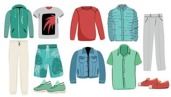 Set of men s clothing and accessories. Fashion and style elements. Flat design vector illustration