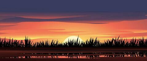 Sunset sky with grass. Vector nature background