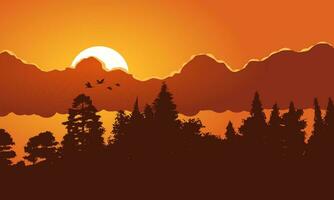 Sunset in forest with cloud and flying birds vector