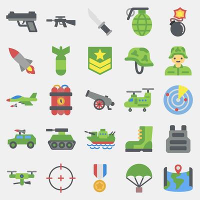 Icon set of military. Military elements. Icons in flat style. Good for prints, posters, logo, infographics, etc.
