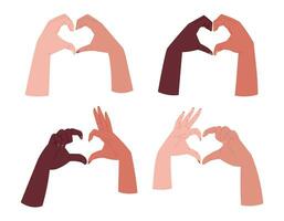 Diverse Hands of couples in love making heart shape with fingers. Set of vector isolated flat illustrations.