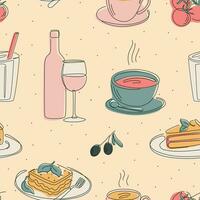 Vector seamless pattern with food illustrations in line art style with an endless line.