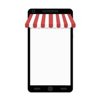 Online shopping on smartphone. Web store with empty screen, copy space in gadget with awning, vector illustration