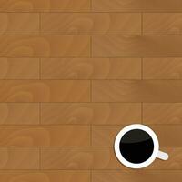 Wood table with cup of coffee. Board table, plank wooden and drink mocha or coffee. Vector illustration