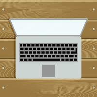 Top view laptop computer on wood table. Work notebook for office. Vector illustration