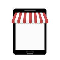 Tablet with striped awning. Template for web shop. Business commerce web, empty screen market online. Vector illustration