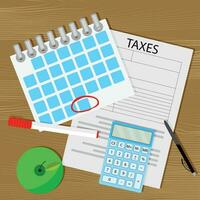 Term of payment of taxes. Vector tax return, calendar with a marked day and a calculator illustration