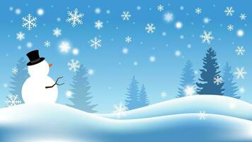 winter landscape background with snowman, snow flakes, pines, and snowfall. vector