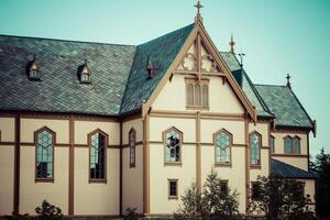 Picturesque Lofoten cathedral on Lofoten islands in Norway photo