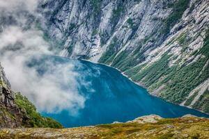 Beautiful norwegian landscape with mountains on the the way to trolltunga photo