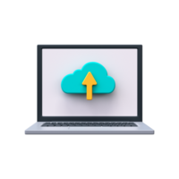 3D icon for cloud file upload. Cloud sign with up arrow on laptop screen png