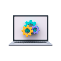 3D Laptop icon and gear. Laptop update process and system settings png