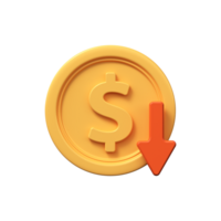 Golden dollar coin with down arrow. Economy, finance, money, investment symbol. 3d currency decline icon. png