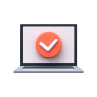 3D Approval or Successful Completion Sign. Round red check mark on laptop screen. png