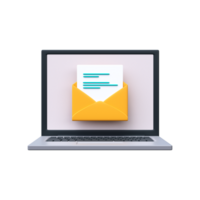 envelop met een document Aan een laptop scherm. e-mail concept, 3d geven png