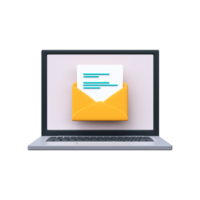 Envelope with a document on a laptop screen. Email concept, 3d render png