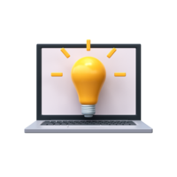 símbolo do criatividade, inspiração e Ideias em uma computador portátil tela. luz lâmpada com raios dentro 3d estilo png