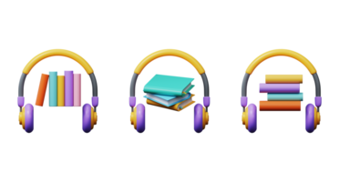 Audiobooks, stack of books with headphones. Online books, listening to podcasts or e-learning. 3d render png