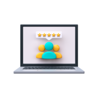 3D users with stars on laptop screen. Online reviews concept in 3d style. png