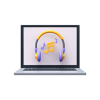 escuchando a música icono. 3d auriculares y musical Nota en ordenador portátil pantalla png