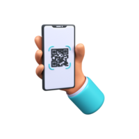 Hand holds a phone with a QR code. 3D rendering png