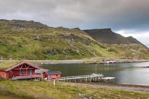 Typical Norwegian fishing village with traditional red rorbu huts,Honningsvag photo