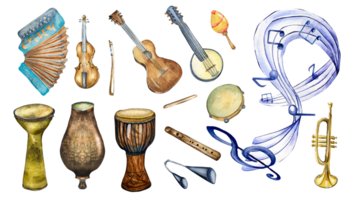 Set of Latin folk musical instruments watercolor illustration. Hand drawn accordion, drums, treble clef. Elements for a music project. Painted trumpet, guitar and violin. png