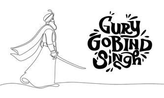 Guru Gobind Singh banner with one line continuous Guru Gobind Singh. Line art Guru Gobind Singh with handwriting inscription Guru Gobind Singh. Hand drawn vector art.