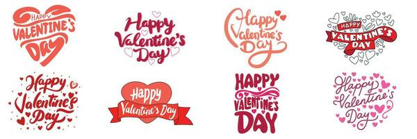 Collection of Happy Valentine's Day lettering inscription. Set of handwriting Happy Valentine's Day text color isolated on white background. Hand drawn vector art.