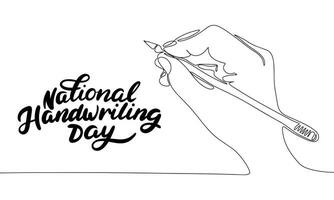 National Handwriting Day banner with one line continuous hand with pencil. Line art hand and pencil with handwriting inscription National Handwriting Day. Hand drawn vector art.
