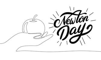 Newton Day banner with one line continuous apple on hand. Line art apple on hand with handwriting inscription Newton Day. Hand drawn vector art.