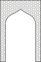 Islamic frame with arch and ornament. Ramadan gate on geometric background for wedding invitation design. Oriental decoration png