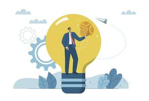New creative ideas or new business innovations, Creativity ideas for generating income and returns or inspiration achieve to goal, Businessman in a light bulb with huge profits. Vector illustartion.