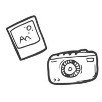 Camera, Shooting equipment. Digital technology. Sketch icon, vector illustration in doodle style. Isolate on a white background.