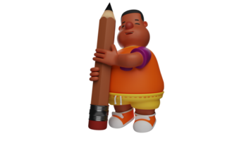 3d ilustração. único gordo Garoto 3d desenho animado personagem. gordo Garoto segurando uma gigante lápis. aluna é entusiasmado sobre Aprendendo e trazer dele favorito Castanho lápis. 3d desenho animado personagem png