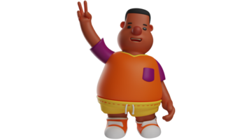 3D illustration. Adorable Fat Boy 3D Cartoon Character. Fat boy standing and showing peace pose using his fingers. Cute fat student smiling sweetly facing forward. 3D cartoon character png