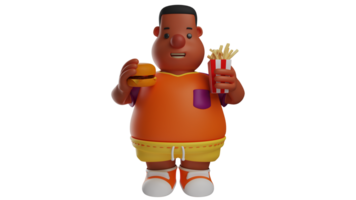 3D illustration. Fat Little Boy 3D Cartoon Character. Guy standing holding burger and fries. The fat guy felt hungry and ended up buying a lot of food. 3D cartoon character png