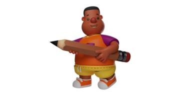 3d ilustração. a adorável gordo aluna 3d desenho animado personagem. a gordo Garoto ficou acima enquanto segurando uma gigante Castanho lápis. fofa aluna é pronto para estude com dele amigos. 3d desenho animado personagem png