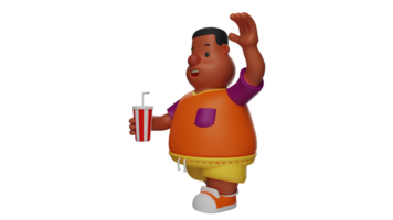 3D illustration. Friendly Fat Boy 3D Cartoon Character. Fat Boy waved his hand at a friend he met on the street. Fat boy holding a cold drink. Adorable boy smiling cheerfully. 3D cartoon character png