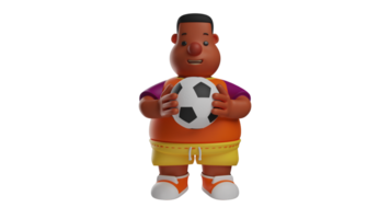 3d ilustração. doce gordo criança 3d desenho animado personagem. a gordo Garoto detém a bola com ambos mãos. Moreno gordo Garoto encarando às a bola com uma sério expressão. 3d desenho animado personagem png