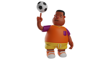 3D Illustration. Little Soccer Player 3D cartoon character. Little kids who like to play football. A fat boy who has a hobby of playing ball is playing the ball with one hand. 3D cartoon character png