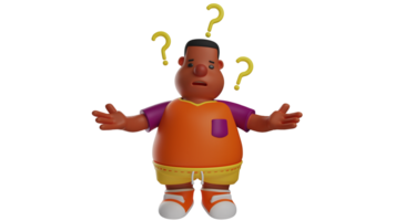 3D illustration. Confused Boy 3D Cartoon Character. Fat Boy stretched both his arms forward. The fat boy showed a confused expression. The boy surrounded by question marks. 3D cartoon character png