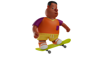 3D illustration. Happy Child 3D Cartoon Character. Fat boy who likes skateboarding. The boy is doing his hobby of skateboarding. Chubby boy looks good at skateboarding. 3D cartoon character png