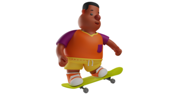 3d illustratie. gelukkig kind 3d tekenfilm karakter. dik jongen wie houdt skateboarden. de jongen is aan het doen zijn hobby van skateboarden. mollig jongen looks mooi zo Bij skateboarden. 3d tekenfilm karakter png