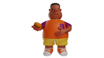 3D illustration. Fat Guy 3D Cartoon Character. The fat guy stood up while stroking his full stomach. The student who has brown skin is holding a big burger. 3D cartoon character png