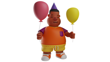 3d illustration. fett barn 3d tecknad serie karaktär. pojke stod upp och genom ballonger i hans hand. pojke är Lycklig eftersom han firar hans födelsedag. fett pojke användningar en födelsedag hatt. 3d tecknad serie karaktär png