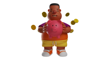 3d ilustração. diligente gordo crianças 3d desenho animado personagem. gordo criança diligentemente salvou cada dia. a gordo Garoto detém uma porquinho banco e é cercado de ouro moedas. 3d desenho animado personagem png